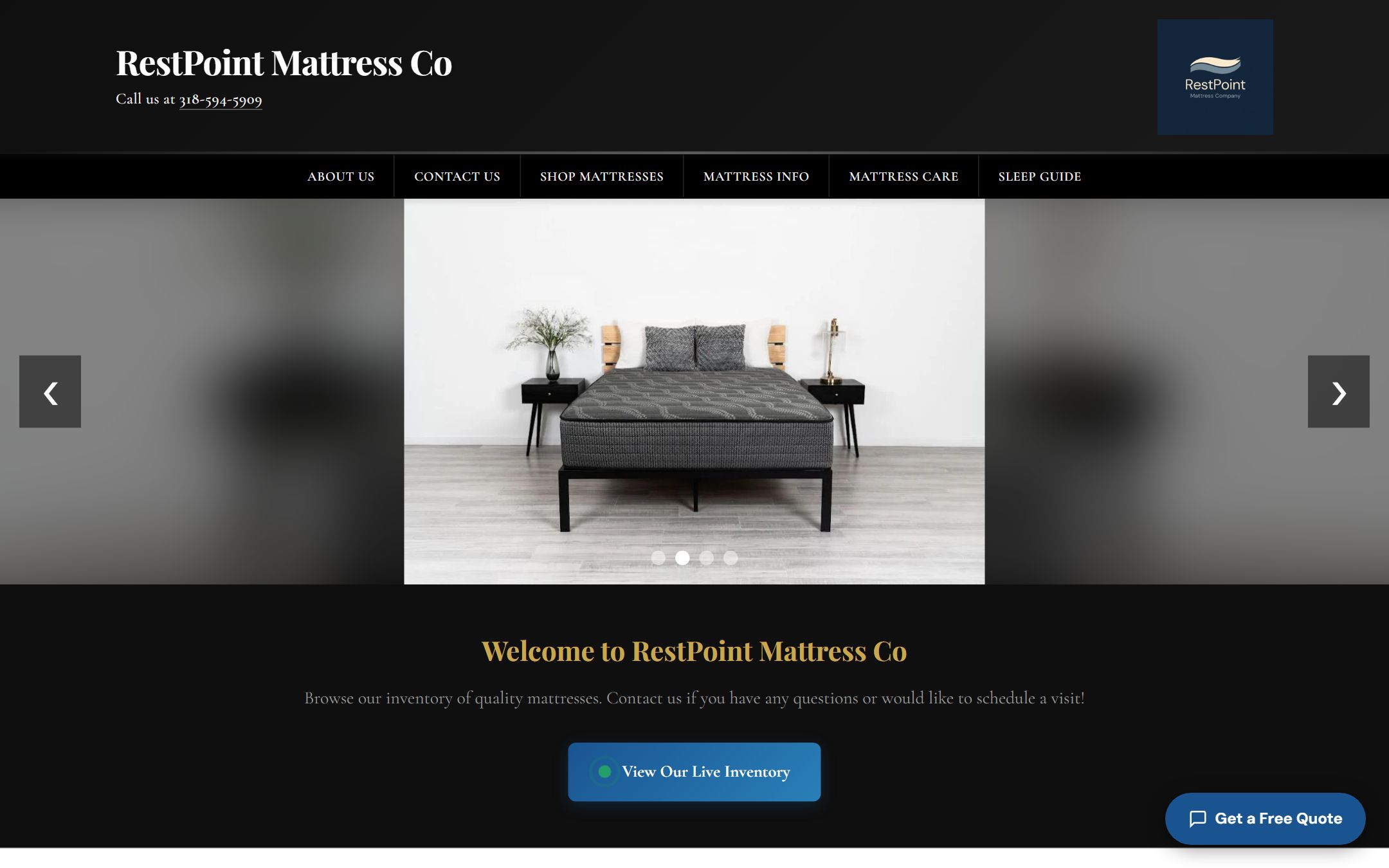 RestPoint Mattress Co's website on a desktop browser